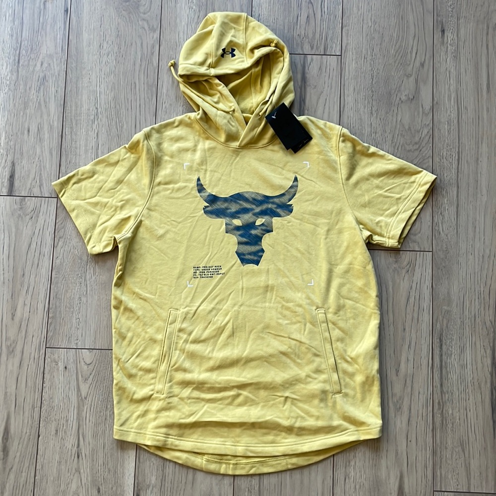 NWT Under Armour Project Rock Yellow and Blue Short Sleeve Hoodie